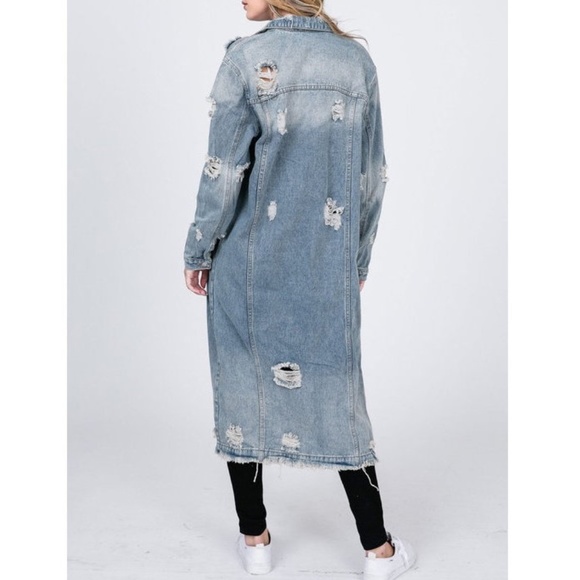 Plus Size Distressed Destroyed Vintage Long Maxi Denim Jean Jacket Coat - Picture 5 of 8